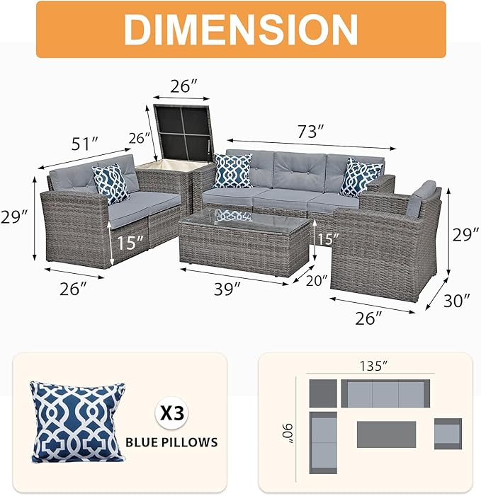 Super Patio 8 Pieces Outdoor Patio Furniture Set, Wicker Patio Conversation Sets with Storage Box, Rattan Outdoor Sectional Sofa Set with Cushions and Coffee Table for Outside Porch, Deck, Gray