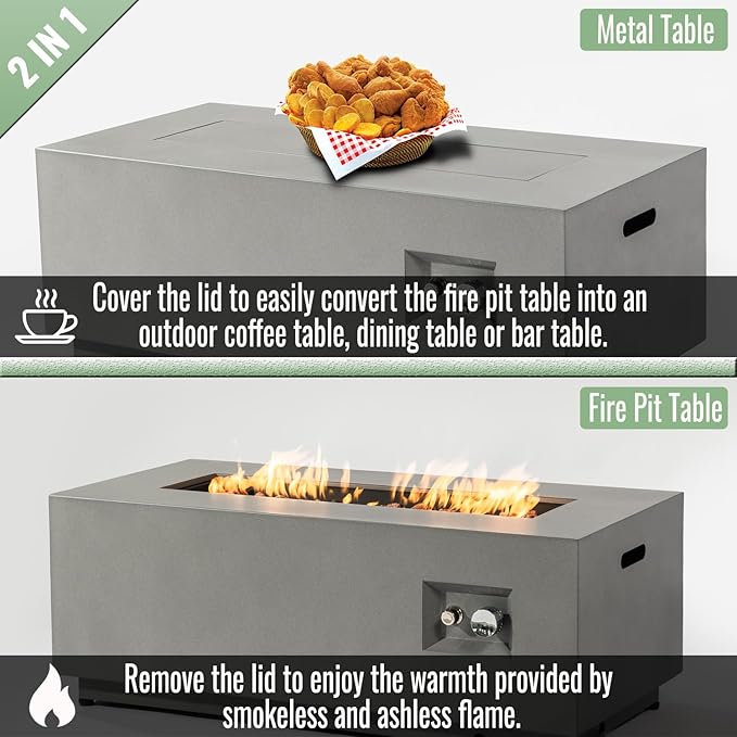 Propane Fire Pit Table 2-Pieces, 42 Inch Firepits for Outside, Rectangular Gas Fire Pit for Outside Patio, Propane Fire Table with Tank Cover for Patio, Backyard, 50000BTU, Gray