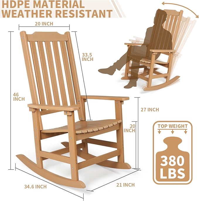 Outdoor Rocking Chairs Set of 2, Oversized All Weather High Back Porch Rocker, Patio Rockers for Outside
