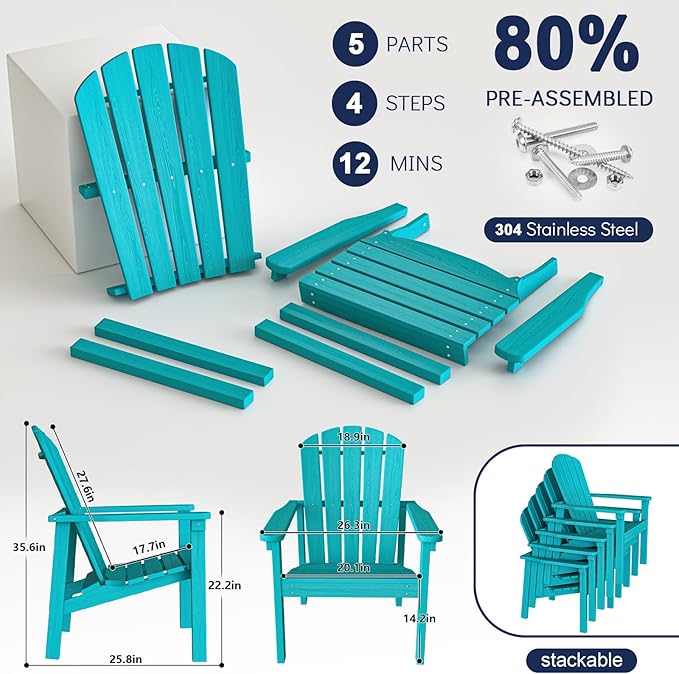 nevilywood Compact Stackable Adirondack Chairs Set of 2, 26.3" Wide HDPE Outdoor Patio Chairs - Durable, Space-Saving Design for Porch, Lawn or Garden, Aruba