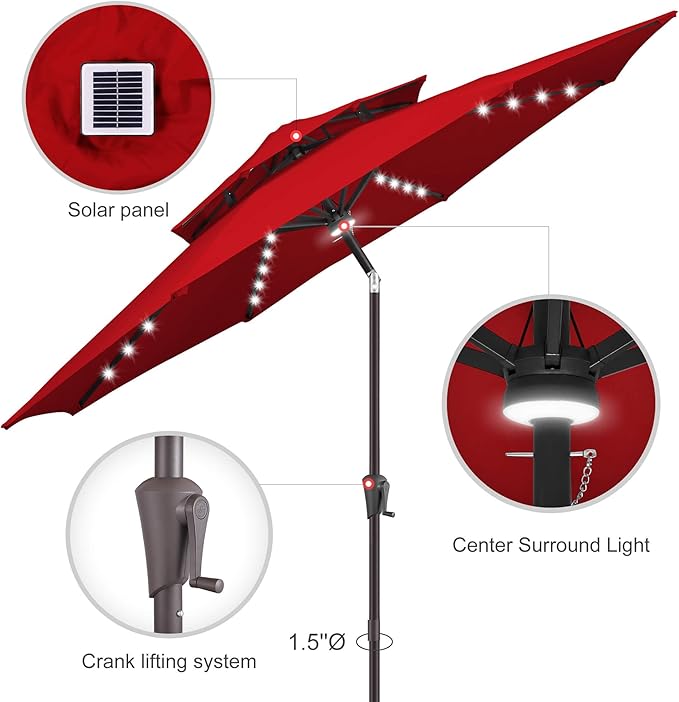 9ft Solar Umbrella Outdoor - Double Top Lighted Patio Umbrella with 40 LED Lights Waterprool Uv Protection, Table Umbrella with Tilt & Crank for Pool, Porch, Garden, Backyard(Red)