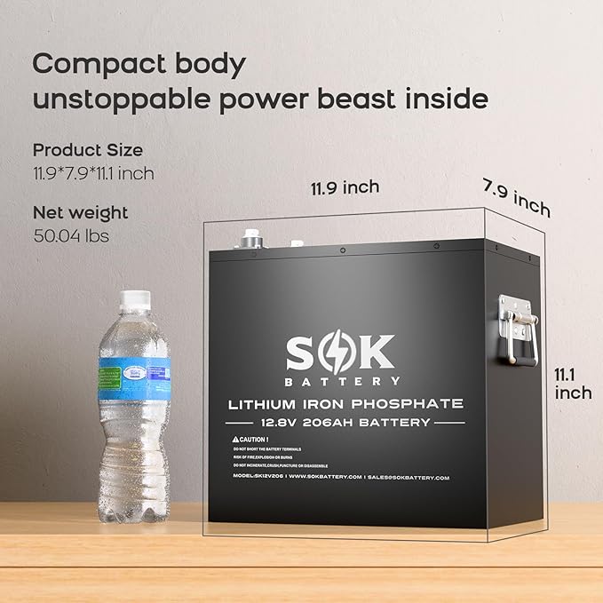 SOK Battery 12V 206Ah LiFePO4 Lithium Battery Deep Cycle Lithium Iron Phosphate Battery with Low-Temp Protection & Built-in Heater Suitable for RV and Solar & Wind Off-Grid Use
