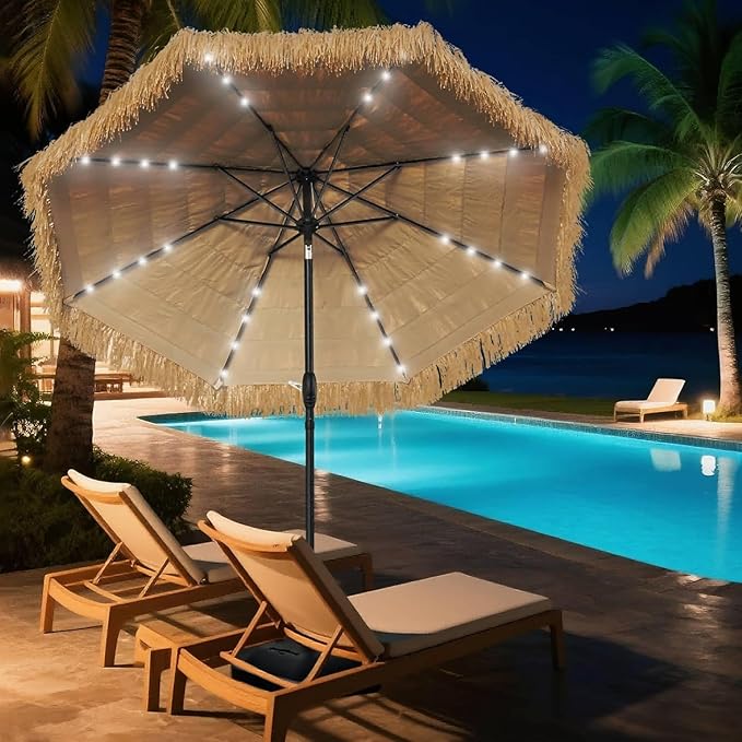 9 FT Solar Thatch Tiki Umbrella, Hawaiian Style Straw Umbrella, UPF 50+ Patio Umbrellas with 32 LED Lights for Beach, Pool,Garden