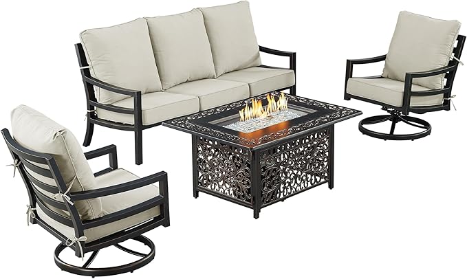 Oakland Living Black Aluminum Patio Fire Table Set with Deep Seating Sofa with Cushions and Two Club Chairs with Light Grey Cushions