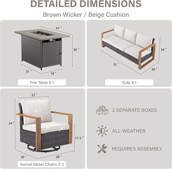 Belord Full 4 Pieces Patio Furniture Set with 41” Propane Fire Pit Table, Outdoor Conversation Set with Swivel Glider Outdoor Chair Set of 2 and Rattan Sofa for Deck Backyard