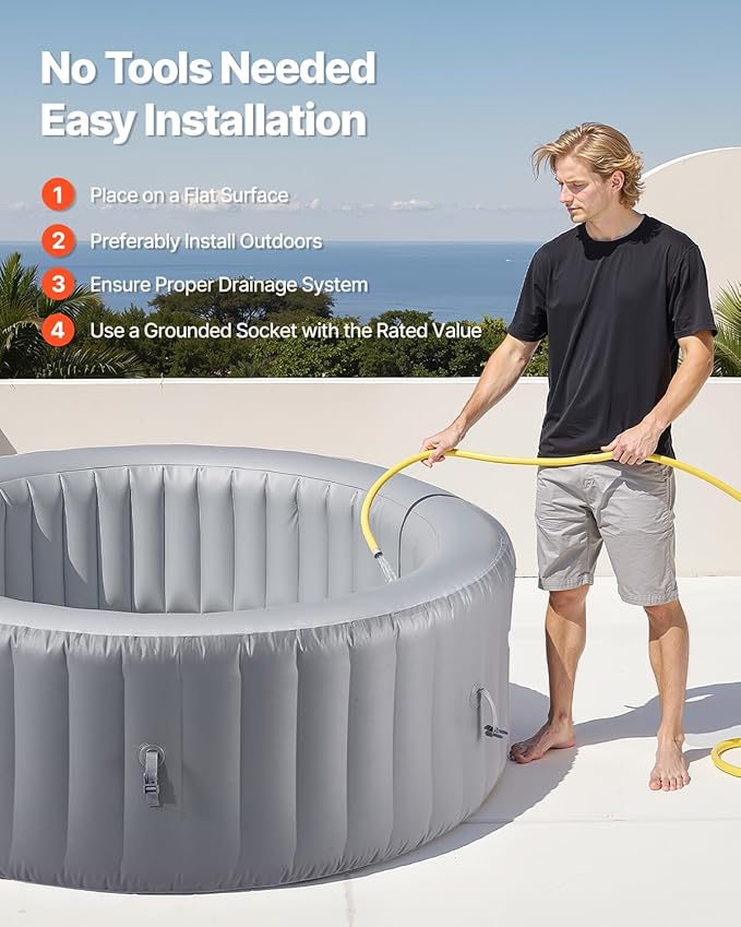 VEVOR Inflatable Hot Tub, 2 to 4 Person Capacity, 70.9 x 26 in Round Portable Outdoor Spa, with 110 Soothing Jets, Filter, Cover and Mat, Multi-Function Control Panel, PVC Outdoor Hot Tub, Grey