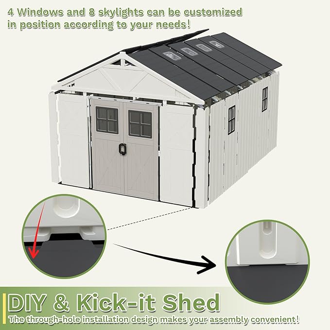 Greesum 10×14 FT Plastic Outdoor Storage Shed with Floor and Lockable Door, Resin Sheds with Windows and Skylights, Weather Resistant Organization for Garden, Lawn, Pool Supplies, Beige