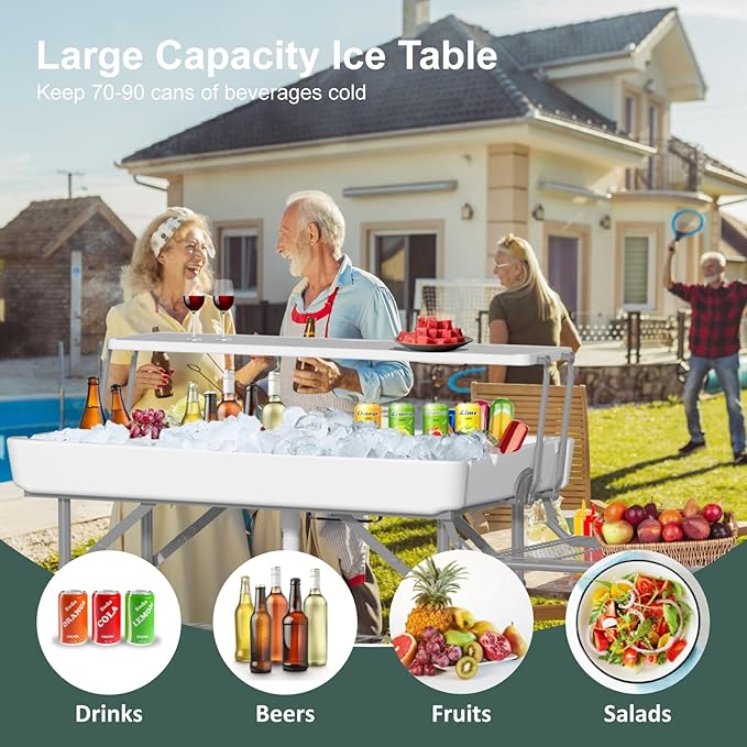 Two Tier Ice Cooler Table with Led Light, 4 Foot Outdoor Ice Table with Foldable Extension Stand, Matching Skirt & Drain Hose, Folding Cooler Server with Metal Shelf for Party, BBQ, Camping