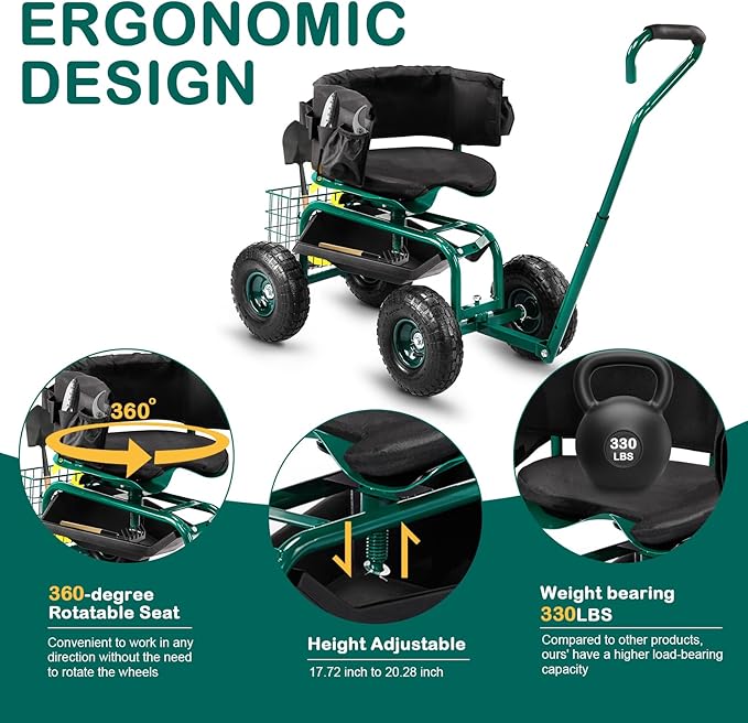 Outvita Rolling Garden Seat with Wheels, Gardening Stool with Height Adjustable 360 Degree Swivel Seat, Ergonomic Backrest, Tool Tray & Storage Basket, Outdoor Gardening Scooter Cart for Patio, Green