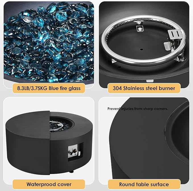 TLGREEN 30in Propane Fire Pit Table Set,2 in 1 Round Patio Table,50,000 BTU,Rain Cover,Outdoor Gas Firepit,304 Stainless Burner,Adjustable Legs, Blue Glass for Backyard, Garden,Pool,Balcony,Dark Gray