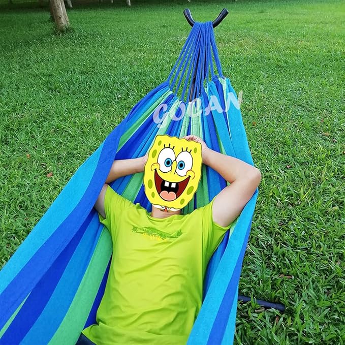 GOCAN Brazilian Double Hammock 2 Person Extra Large Canvas 250x160cm Total Length 350cm Load 500lb Cotton Hammock for Garden Outdoor and Indoor Blue/Green(98 * 65'')