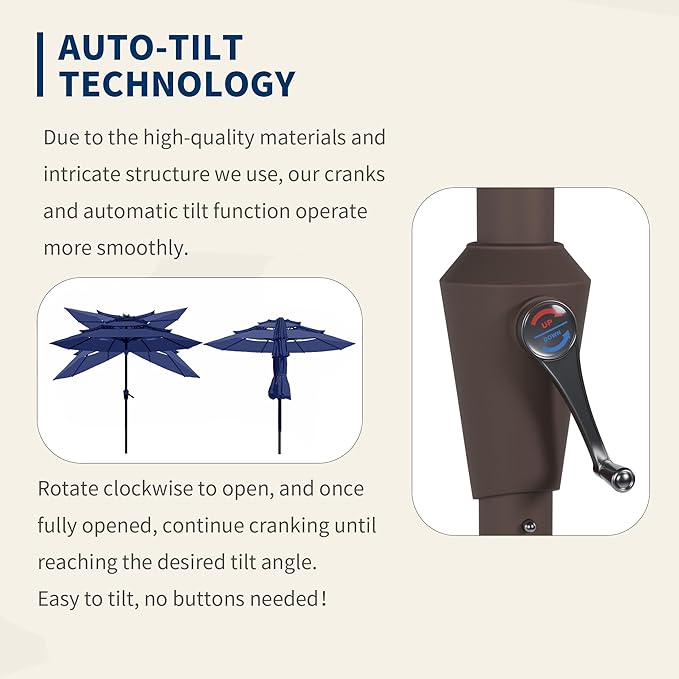 9FT 3 Tiers Patio Umbrella With Auto Tilt And Crank, Outdoor Table Market Umbrella with 8 Sturdy Ribs for Garden, Lawn, Deck, Backyard and Pool