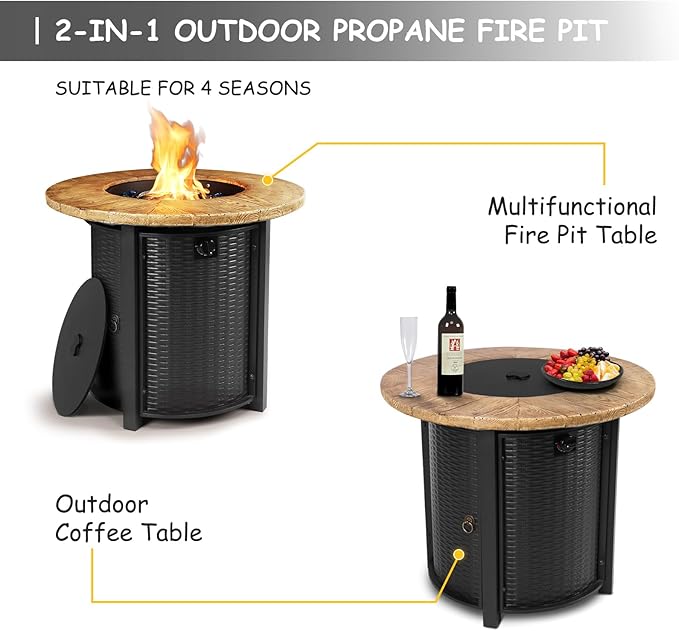 30 Inch Round Propane Fire Pit,50,000 BTU Iron Gas Firepit with Ignition Systems,w/Lid,Glass Stones,Outdoor Fire Table for Outside Patio,Deck-Black