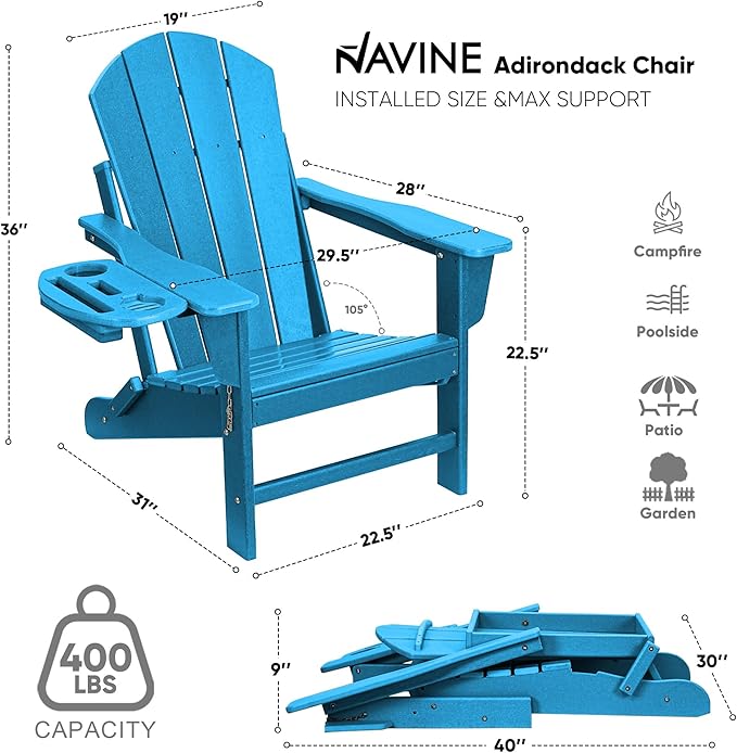 Adirondack Chair Set of 2, HDPE Folding Adirondack Chair with Multifunctional Cup Holder, Weather Resistant Fire Pit Chair for porches, patios, patios, poolsides, Decks.