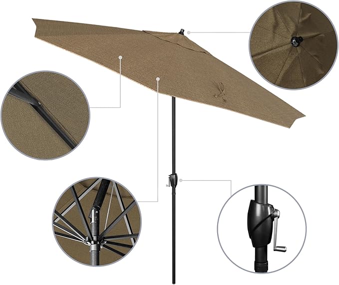 California Umbrella 9' Rd Aluminum Patio Umbrella, Crank Lift, Auto Tilt, Black Finish, Sunbrella Linen Sesame