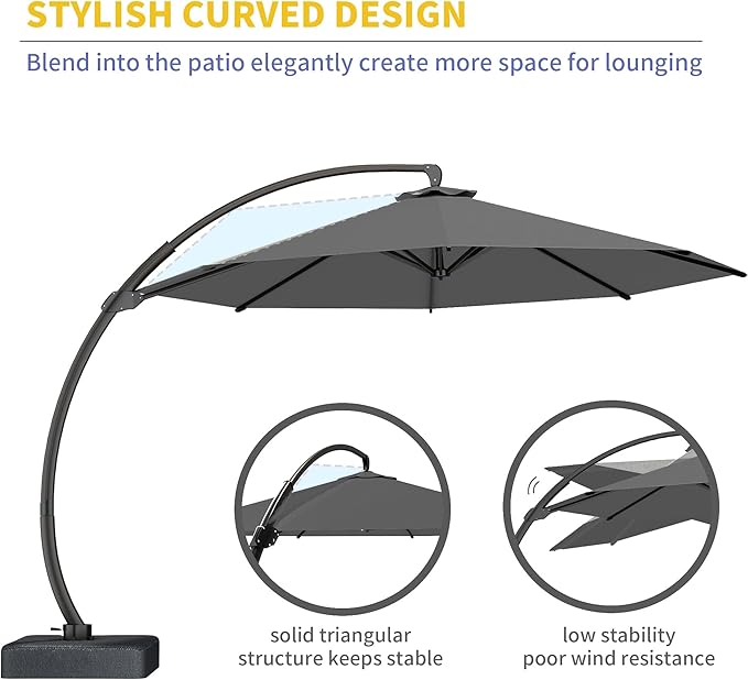 Kingdura 12ft Cantilever Patio Umbrella with Base Included, Large Round Offset Outdoor Pool Umbrella, 360° Rotation & Infinite Tilt, Heavy Duty Aluminum Frame for Deck Backyard, Grey