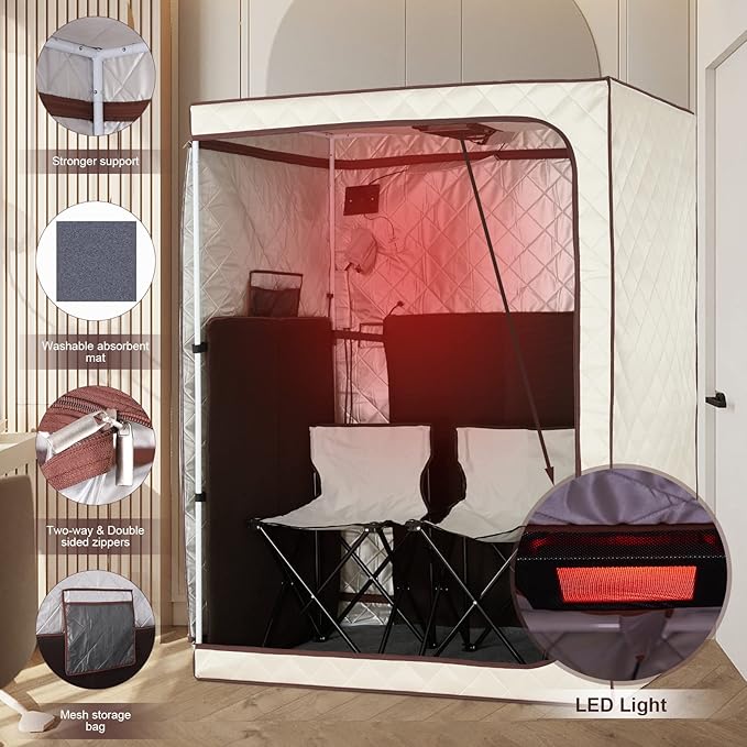 2 Person Portable Full Spectrum Infrared Sauna, Full Size Large Space Spa Tent with Remote Control,1600W Fast Heating, Foldable Chairs & LED Therapy Light, Home Spa for Relaxation (47.2"x35.4"x63")