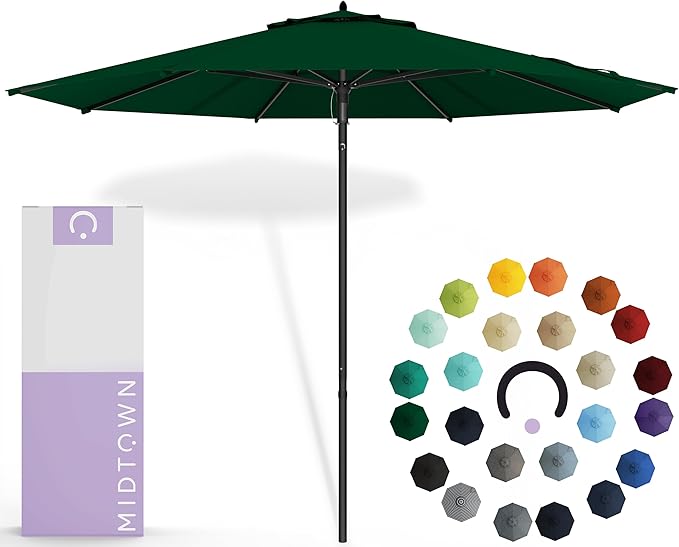 Midtown Umbrellas Push Pop Sunbrella Umbrella 9 Feet Outdoor Umbrella in Forest Green Fabric - Patio Umbrella, Backyard Umbrella, Garden Umbrella, Picnic Table Umbrella & Pool Umbrella - Black Pole