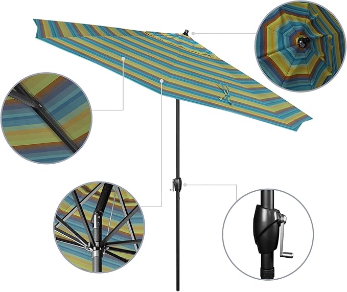 California Umbrella 9' Rd Aluminum Patio Umbrella, Crank Lift, Auto Tilt, Black Finish, Sunbrella Astoria Lagoon