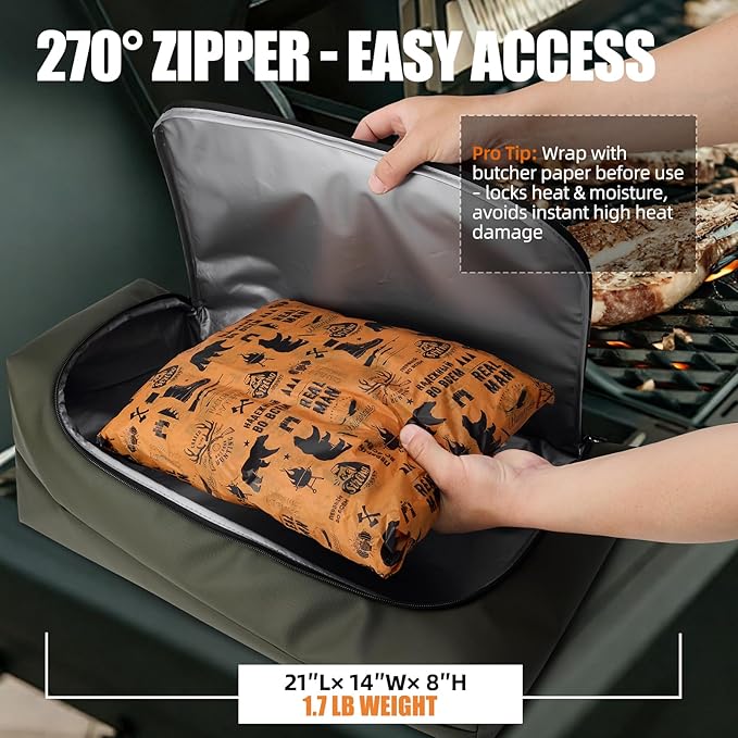 BBQ Blanket for Resting Meat, Leak-Proof Insulated Meat Resting Bag, 270°Top Opening for Large Briskets, Turkey, Washable Smoker Accessories Gift for Men, Christmas Stocking Stuffers for BBQ Lovers