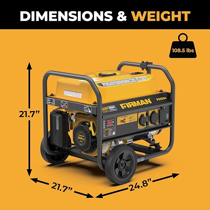FIRMAN P03504 Gas Portable Generator, 4450W Recoil Start, 120V, CO Alert, Quiet 67dB, 208cc Engine, 5-Gallon Tank, 14 Hrs Runtime, Wheel Kit, Ideal Power Solution for RV, Home & Outdoor Adventures