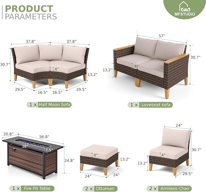MFSTUDIO 9 Pieces Wicker Patio Furniture Set with 56" Fire Pit Table, Outdoor Conversation Half-Moon Sectional Sofa Set, 2 x Curved Sofa, 2 x Armless Sofa, 2 x Ottoman, 2 x Corner Chair(Beige Cushion)