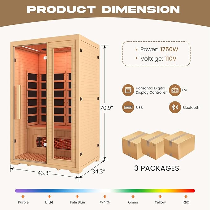 2 Person Infrared Sauna, Full Spectrum Sauna for Home, Indoor Dry Saunas with 5 Carbon Panels and 1 Carbon Tube, Oxygen Bar and 7 Color Light Strips, Canadian Hemlock,110V