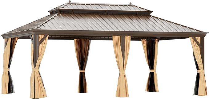 GAZEBEST 14' X 20' Hardtop Gazebo, Outdoor Galvanized Steel Double Roof Permanent Aluminum Frame Pavilion Pergola Canopy with Privacy Curtains for Garden, Patio, Backyard, Deck and Lawns.