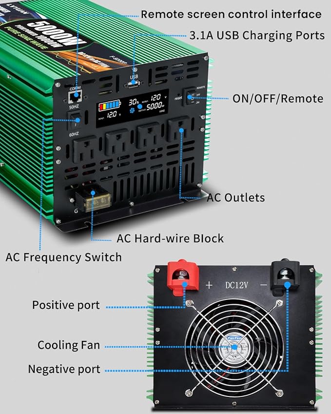 5000 Watt Pure Sine Wave Power Inverters, DC 12V to 110V Inverter with 0 AWG Battery Cables, Remote & LCD Panel Control, 4 AC Outlets, 5V/3.1A USB, 20W USB C, 10000 W Surge for RV, Truck, Off Grid