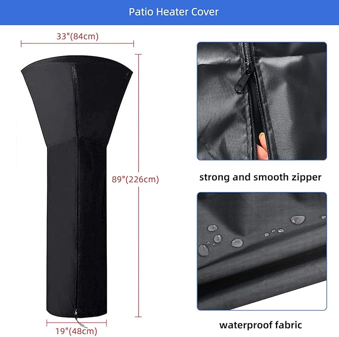 420D Patio Heater Cover, Waterproof with Zipper, Outdoor Propane Heater Cover for Any Season, Large Size: 89'H x 33'Dx19'B (Black)