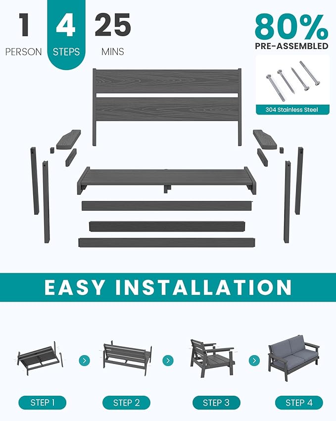 SERWALL HDPE Patio Furniture Set, 5 Piece All Weather Wood-Like Sectional Outdoor Furniture Set, Grey Patio Sofa Couch with Grey Cushions for Deck, Lawn