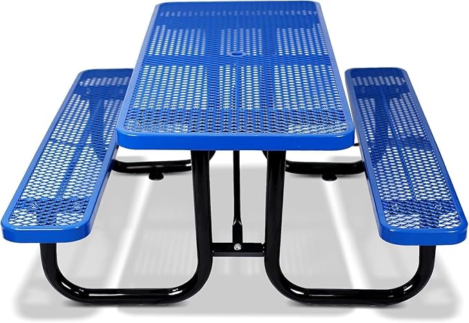 Rueekfil 72" Thermoplastic Picnic Table with Umbrella Hole up to 1.5", Heavy Duty Commercial Picnic Table for Outdoor, Family & Party Ready for School Camping, Rectangular, Blue