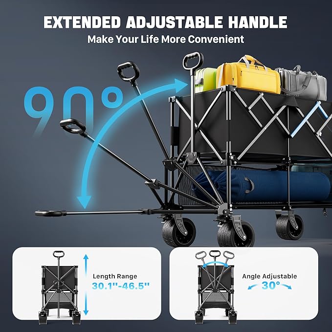 52" Heavy Duty Double Decker Wagon with Brakes,560LBS Double Decker Wagon Collapsible,650L Foldable Wagons Carts with All-Terrain Big Wheels for Sports,Camping,Fishing,Transport