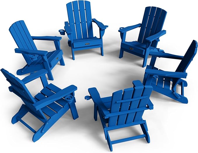 Folding Adirondack Chair 6 Pack, HDPE All-Weather Fire Pit Chairs, Plastic Adirondack Chairs with 2 Cup Holder, Outdoor Lawn Chair for Patio Garden (Royal Blue)
