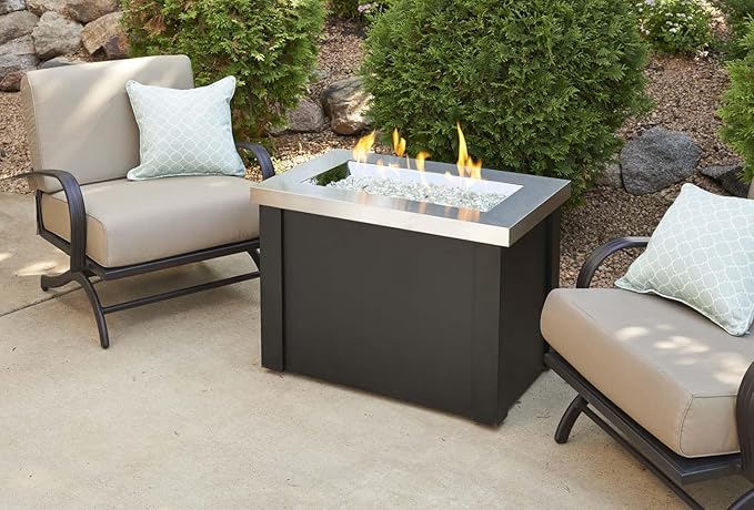 Outdoor GreatRoom Co Propane Fire Pit Table - Providence Gas Fire Pits for Outside Patio - 32 Inch Rectangular Stainless Steel Top Firepit Fire Table, Glass Tabletop Cover, Metal Base, 55,000 BTU