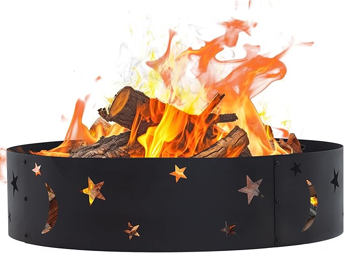 Sunnydaze 36-Inch Outdoor Fire Ring - Portable Metal Fire Pit Ring for Camping or Backyard - 360-Degree Moons and Stars Cutout - Big Sky