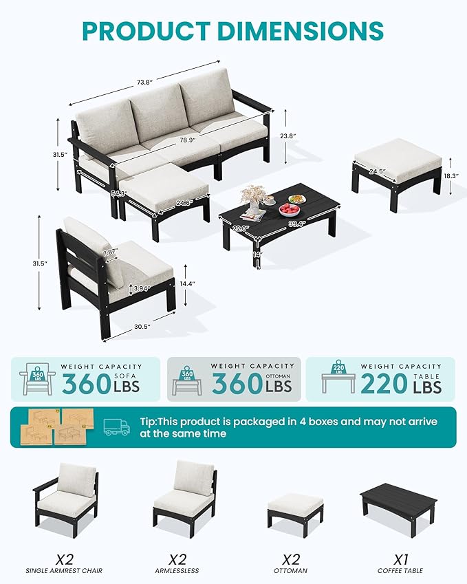 SERWALL HDPE Patio Furniture Set,7 Pieces Patio Conversation Set, All-Weather Modular Patio Sofa Set with Removable Cushions and Coffee Table for Deck, Garden, Porch, Black Frame with Khaki Cushion
