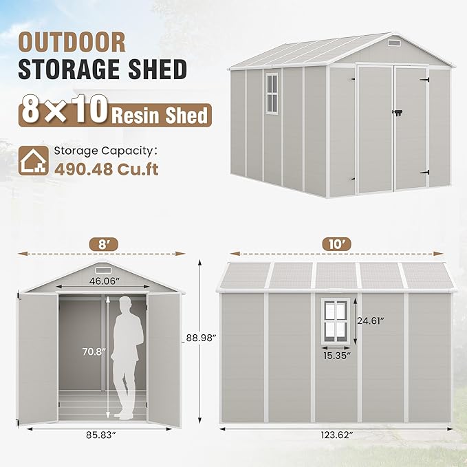 Amopatio 10x8 Storage Shed, Resin Outdoor Shed with Floor Included, Plastic Sheds Outdoor Storage for Bike, Garden Tools, Sheds & Outdoor Storage with Lockable Door, Window & Vents, Sandstone