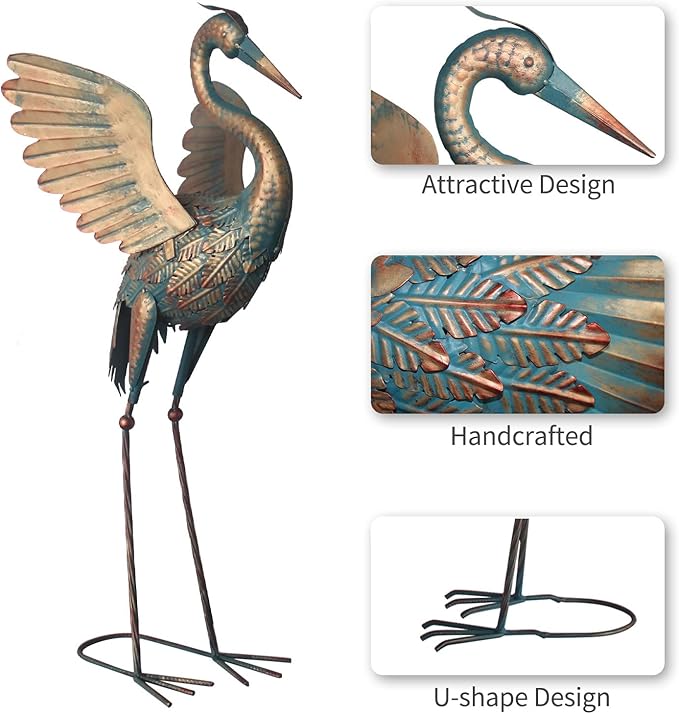 Oritty 33-37 Inch Metal Crane Garden Statue Décor, Bird Heron Garden Sculpture & Statues, Outdoor Decoration for Yard Pond Lawn Backyard Pool, Vintage Spread Wings Crane, Set of 2 Copper