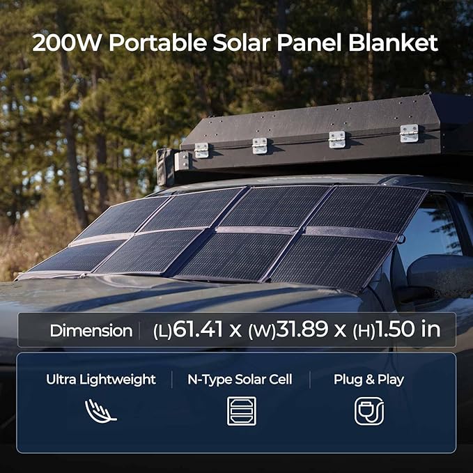 200 Watt Portable Solar Panel, Renogy Solar Blanket N-Type Foldable Solar Panel, 25% High Efficiency, Lightweight Solar Panels Charger for Camping, RV, Marine, SUV, Off Grid Applications