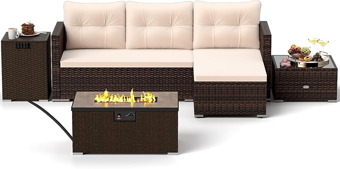 Tangkula 5 Pieces Patio Furniture Set with 32” Fire Pit Table and Propane Tank Cover, Outdoor Wicker Cushioned Sectional for Deck, Backyard, Fire Pit Protective Cover Included (Beige)