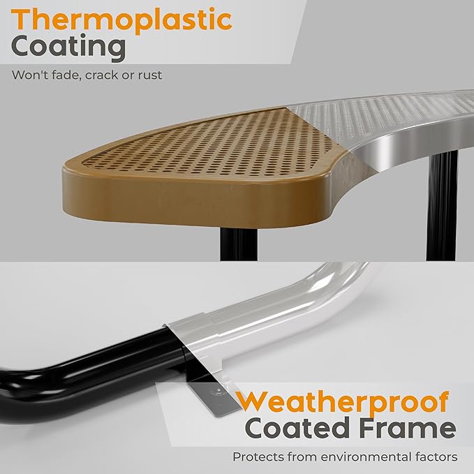 Metal Picnic Tables for Outdoors with Umbrella Hole - Coated Steel Heavy Duty Commercial Grade Furniture Set with Adjustable Seats (Brown, 46 in, Round, Punched Steel)