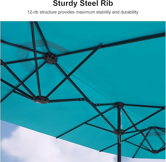 PURPLE LEAF 15ft Patio Market Umbrella with Base Double-Sided Rectangle Outdoor Table Sun Umbrellas with Crank 12 Heavy Duty Sturdy Ribs for Pool Beach Deck Backyard Turquoise Blue