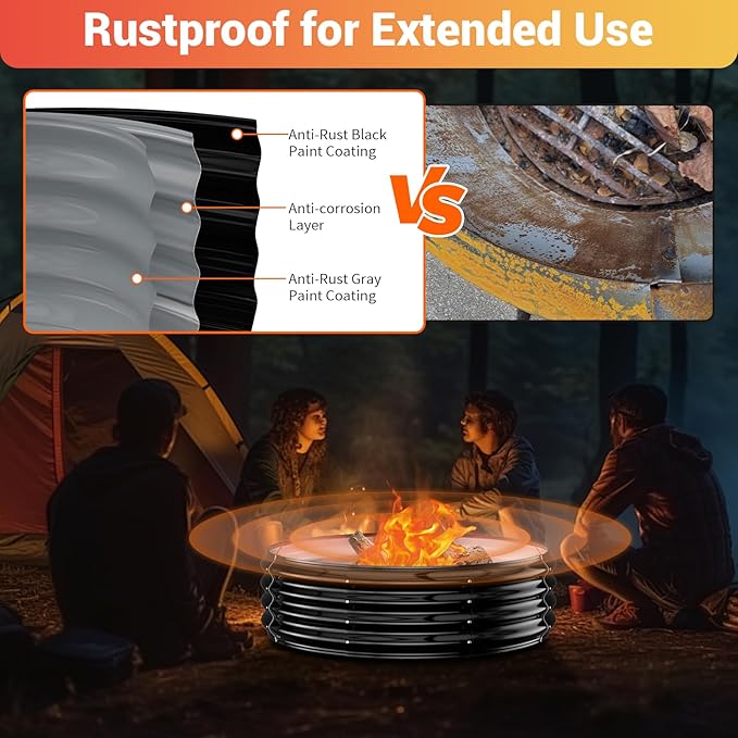 48 Inch Large Outdoor Fire Pit Ring,Heavy Duty High Heat Resistant Wood Burning Firepit for Outside,12" Tall,Galvanized Steel Outdoor Fireplace & Fire Pits Bowl for Backyard Bonfire, Patio,Camping