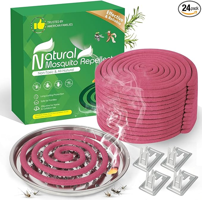 Extra Strong Mosquito Repellent Coils, 24 Pack Large Outdoor Coils Insect Repellent DEET Free, 6-Hour Protection Covers 12ft, Safe & Effective for Yard, Patio, Camping, Garden, Deck & BBQ Areas