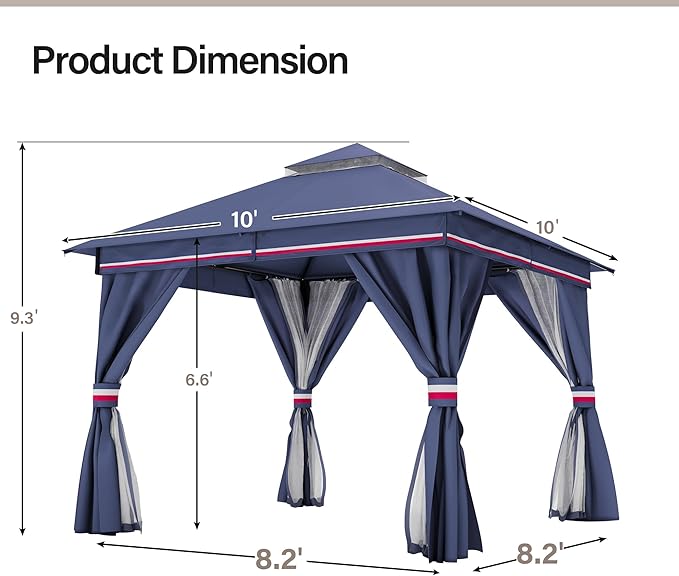 LAUSAINT HOME Gazebo 10x10ft, Heavy Duty Patio Gazebo with Expansion Bolts, Party Canopy Tent with Double Roofs, Mosquito Nettings and Privacy Screens for Backyard, Garden, Lawn, Classic Blue