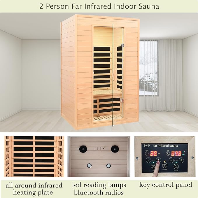 2 Person Infrared Sauna, Low EMF Infrared Saunas for Home 2 Person Indoor Home Sauna Canadian Hemlock Wooden Sauna Room with Bluetooth Speakers, LED Reading Lamps, 1500Watt