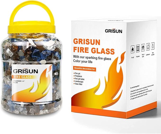 GRISUN Fire Glass Mixed Color for Fire Pit - 1/2 Inch 10 Pounds Reflective Tempered Glass Rocks for Natural or Propane Fireplace, Safe for Outdoors and Indoors, Pacific Blue, Copper, Ultra White