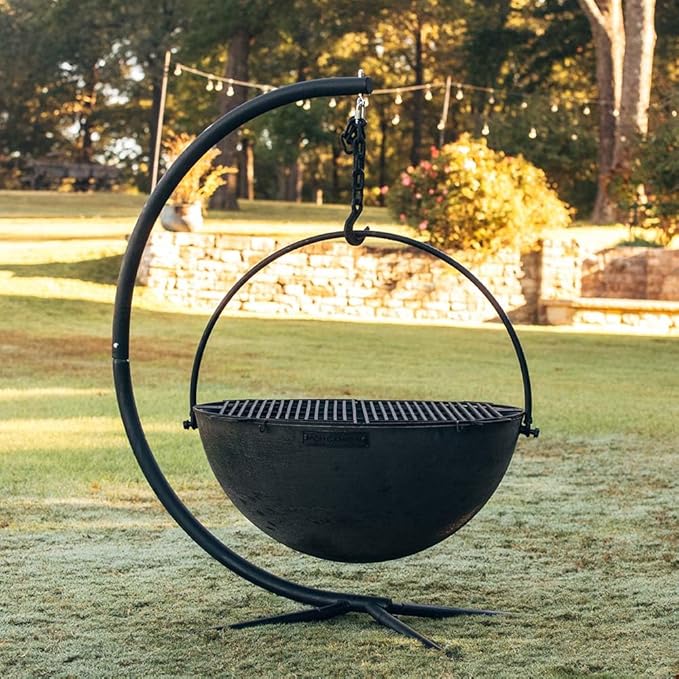 Ash & Ember 42" Cast Iron Cauldron Fire Pit Bowl, Double Hinged Grill Grate with Easy-Lift Handles, Handing Chain and Cauldron Stand, Round Wood Burning Patio Fire Bowl for Backyard Entertainment