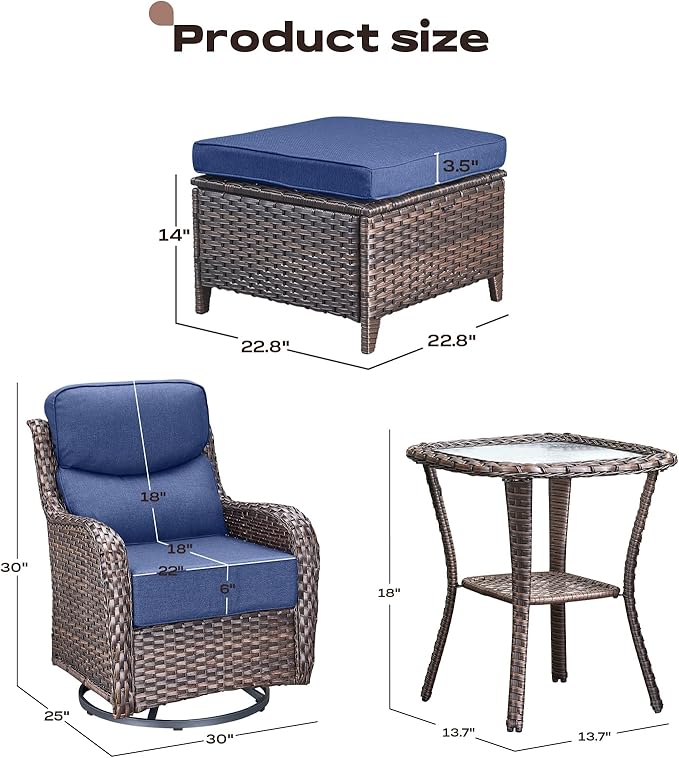 Rilyson Wicker Outdoor Patio Furniture Set - 5 Piece Patio Conversation Sets with Swivel Rocker Chairs, Ottomans and Side Table, 6 inch Cushions, Waterproof Wicker, for Porch Deck Brown/Blue